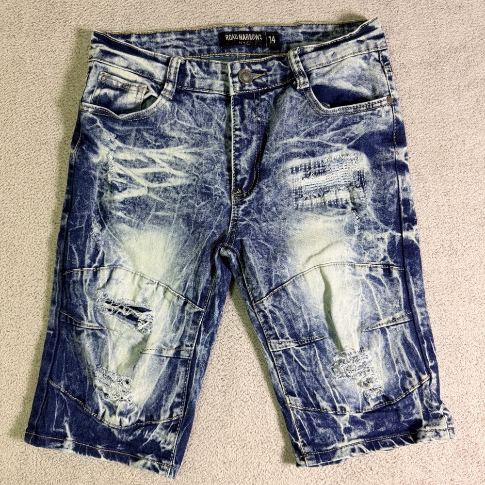 Road Narrows NYC Jean Shorts Boys 14 Distressed Blue Acid Wash Denim Bermuda